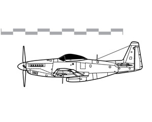 North American P-51H Mustang. Vector drawing of WW2 fighter aicraft. Side view. Image for illustration and infographics.