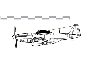 North American P-51D-5 Mustang. Vector drawing of WW2 fighter aicraft. Side view. Image for illustration and infographics.