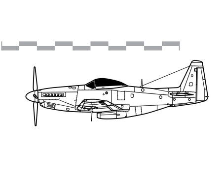 North American P-51H Mustang. Vector drawing of WW2 fighter aicraft. Side view. Image for illustration and infographics.