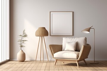 The living room interior is designed in a minimalistic style and features a mock up poster frame, a table lamp, a rattan commode, various decorations, and personal accessories. It showcases a stylish