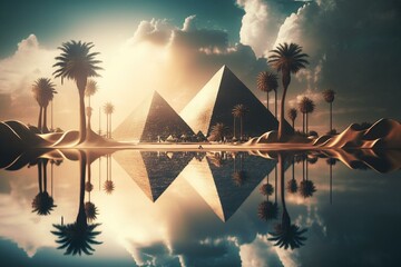 Futuristic seascape with Egyptian pyramids, palm trees, sunlight, clouds, and reflection. Generative AI