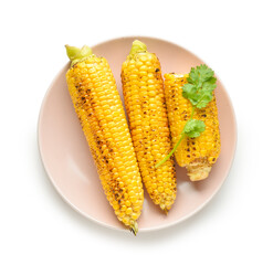 Plate with tasty grilled corn cobs and parsley on white background