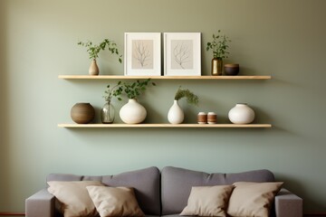 Two wall shelves with vases