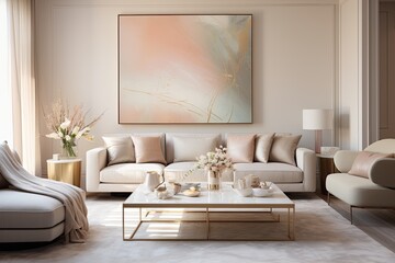 Fototapeta na wymiar The most recent home fashion trends can be seen in a highly contemporary and refined interior design of a warm and inviting studio, featuring gentle, muted pastel hues. Detailed shots highlight an