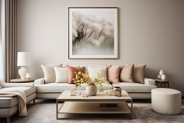The living room has a chic interior design featuring a contemporary and neutral colored sofa, furniture, frames for mock up posters, a vase with dried flowers, coffee tables, various decorations, and
