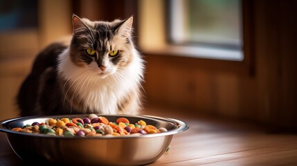 An adult cat sits at a plate with food. Feeder with dry food. Proper balanced nutrition of the animal. House cat diet. Generative AI