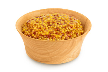 french mustard in wooden bowl isolated on white background with full depth of field