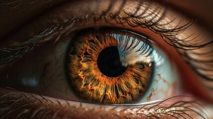 Close Up View of Beautiful Brown Female Eye. Realistic Woman Eye. Iris. Eyeball. Eye Macro shot.