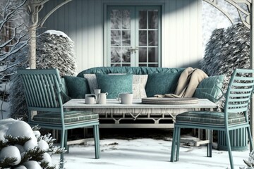 Winter terrace with garden furniture and snowy English bench. Generative AI