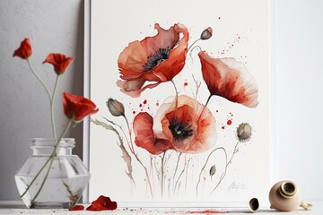 Watercolor design featuring red poppies against a white backdrop. Generative AI
