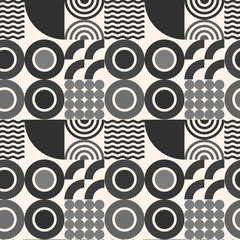 Fototapeta premium Endless brutalist background of gray and black geometric shapes on milky white background. Black and white Bauhaus-style repeat pattern in vector.