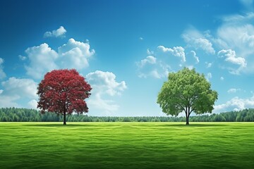 Fototapeta na wymiar Tranquil panoramic view of light blue sky with trees and lush green grass, Generative AI