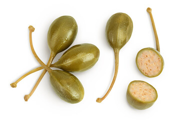 Capers isolated on white background. Pickled or canned capers. Top view. Flat lay