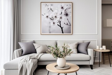 The living room has a minimalistic design with a gray sofa, a wooden coffee table, a photo frame, flowers, a rattan lamp, a basket, and elegant accessories. The home decor is stylish and contemporary