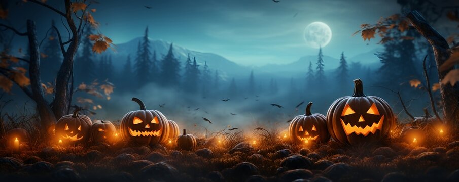 Halloween Hintergrund mit gruseligen Kürbissen, Halloween-Banner. generative AI