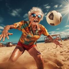 &Auml;ltere Frau beim Volleyball spielen am Strand mit gl&uuml;cklichen Gesichtsausdruck, ai generiert