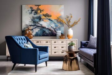 The living room is decorated with an elegant and stylish navy blue commode, a grey armchair with a pillow, a black clock, dried flowers, modern paintings, various decorative items, and tasteful
