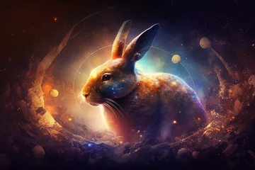 Tuinposter Spiritual, fantasy wallpaper featuring legendary rabbit Easter in the universe for magical awakening concept. Generative AI © Dwyar