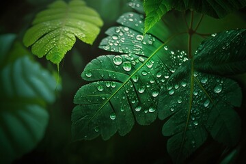 Green leaves illuminated by sunlight and covered in raindrops. Generative AI