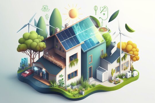 Concept of eco-friendly homes and sustainable communities with renewable resources and CO2-free electricity production. Generative AI
