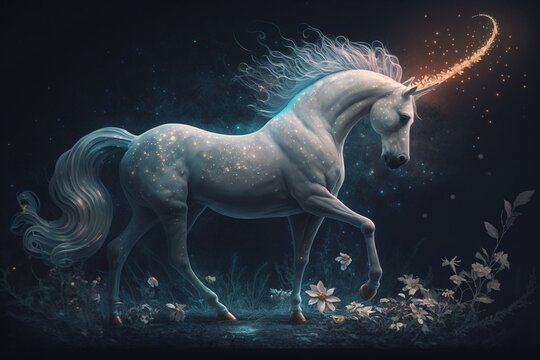 A mysterious unicorn in a mystical setting surrounded by starry and holographic lights on a dark backdrop. Generative AI