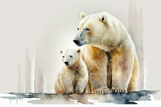 Watercolor painting of mother and cub polar bears isolated on white, cute and wild. Generative AI