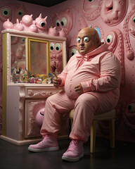 An Overweight Person in a Pink Character Costume Sitting Down-Pink Surrealism