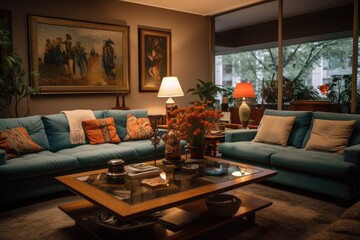 The living room is immaculate and prepared for immediate use, featuring two sofas and a coffee table.