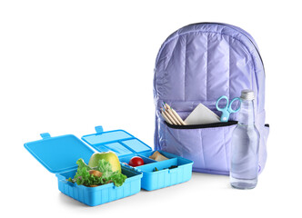 Backpack, stationery and lunchboxes with delicious food isolated on white background