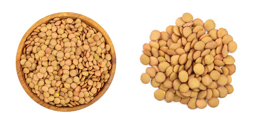 green lentil in wooden bowl isolated on white background. Top view