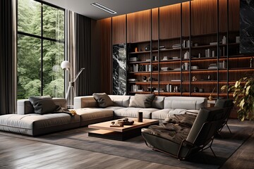The living room interior is designed in a stylish manner and features a cozy sofa for added comfort.