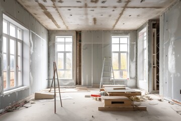 The procedure involved in fitting metal frames for plasterboard, commonly known as drywall, to construct and enhance gypsum walls in an apartment undergoing various construction activities such as - obrazy, fototapety, plakaty