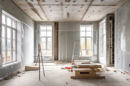 The procedure involved in fitting metal frames for plasterboard, commonly known as drywall, to construct and enhance gypsum walls in an apartment undergoing various construction activities such as