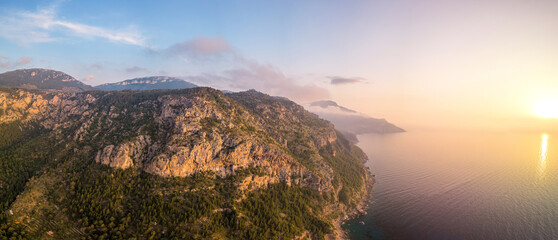Mallorca Port de Valldemossa, aerial view of the mountains and sea at sunset, scenery of a...