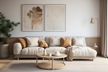 The living rooms interior is fashionable and trendy, featuring a modular sofa design, furniture, a wooden coffee table, rattan decoration, a mock up picture frame, pillows, dried flowers, and elegant