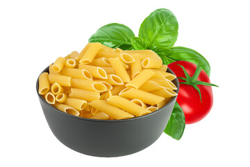 Raw italian penne rigate pasta in black bowl isolated on white background with full depth of field