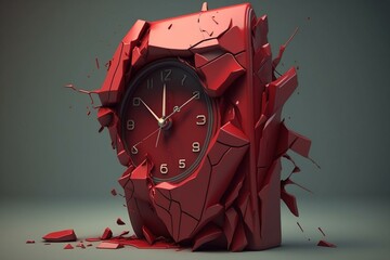 A damaged red clock made as a 3D model. Generative AI