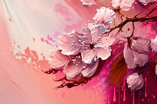 Hand-drawn abstract painting resembling cherry blossoms and strawberry milk texture for spring background. Generative AI