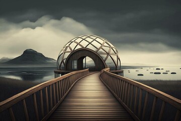Wooden bridge with metal railing, round building in background, few clouds in overcast sky. Generative AI - obrazy, fototapety, plakaty