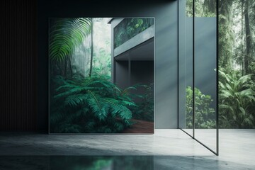Vacant space with broad glass panel over peering into wooded patio, behind tall tropical greens. 3D digital art. Generative AI