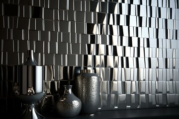 Glossy silver mosaic wall made of stacked bullion tiles. Generative AI