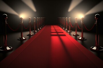 Brightly lit red carpet in 3D. Generative AI