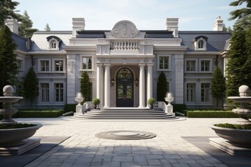 The main entrance and front door of an opulent villa designed in the style of a grand farmhouse in North America. - obrazy, fototapety, plakaty
