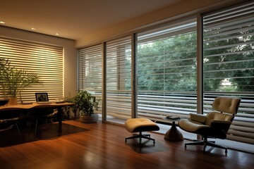 The living room window lacks sufficient lighting due to the shutter being partially closed. In the office building, there are aluminium sunblind windows with louvers designed in a stripe pattern. It