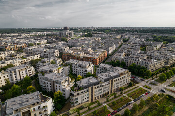 Fototapeta na wymiar Wilanow, Warsaw, drone, bird view, aerial, city, urban, street, building, roof, sky, clouds, summer time