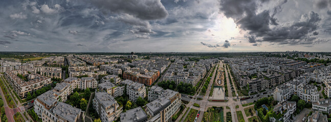 Wilanow, Warsaw, drone, bird view,  aerial, city, urban,  street, building, roof, sky, clouds,...