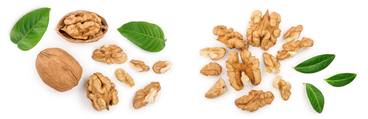 Walnuts isolated on white background. Top view. Flat lay