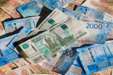 Russian money. Close-up of Russian rubles. Different denomination of bills. Finance concept. Money background and texture. Copy space.