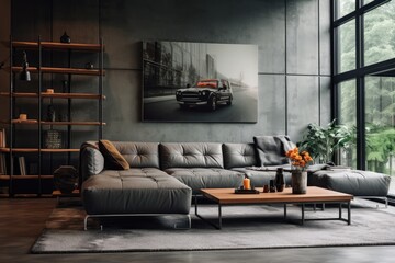 The living room interior has a stunning retro design, featuring a gray wall that is devoid of any decoration.