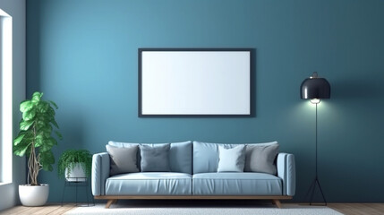 Interior modern blue room with empty frame mockup. Copy space. Generative AI
